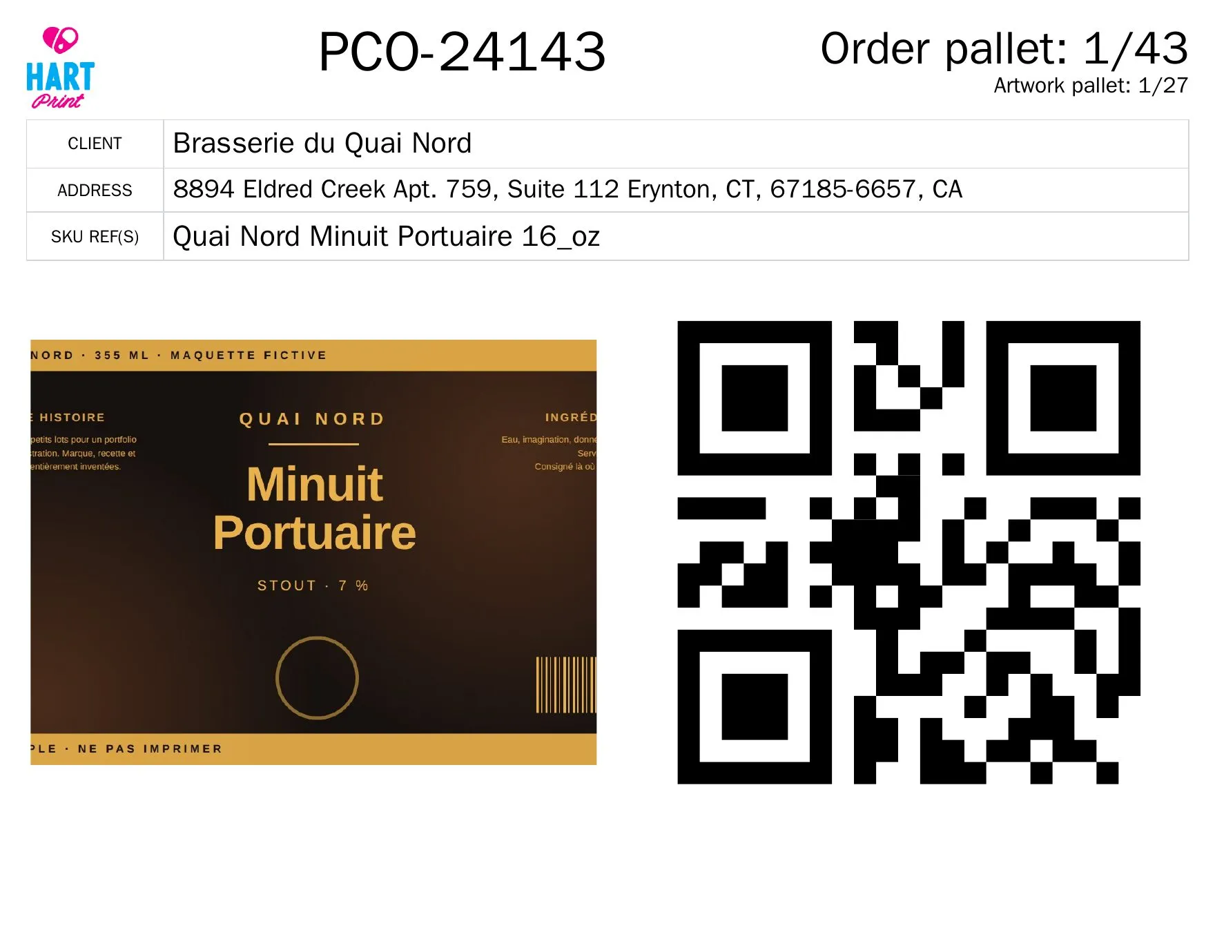 Étiquette de palette générée automatiquement par la plateforme HartPrint