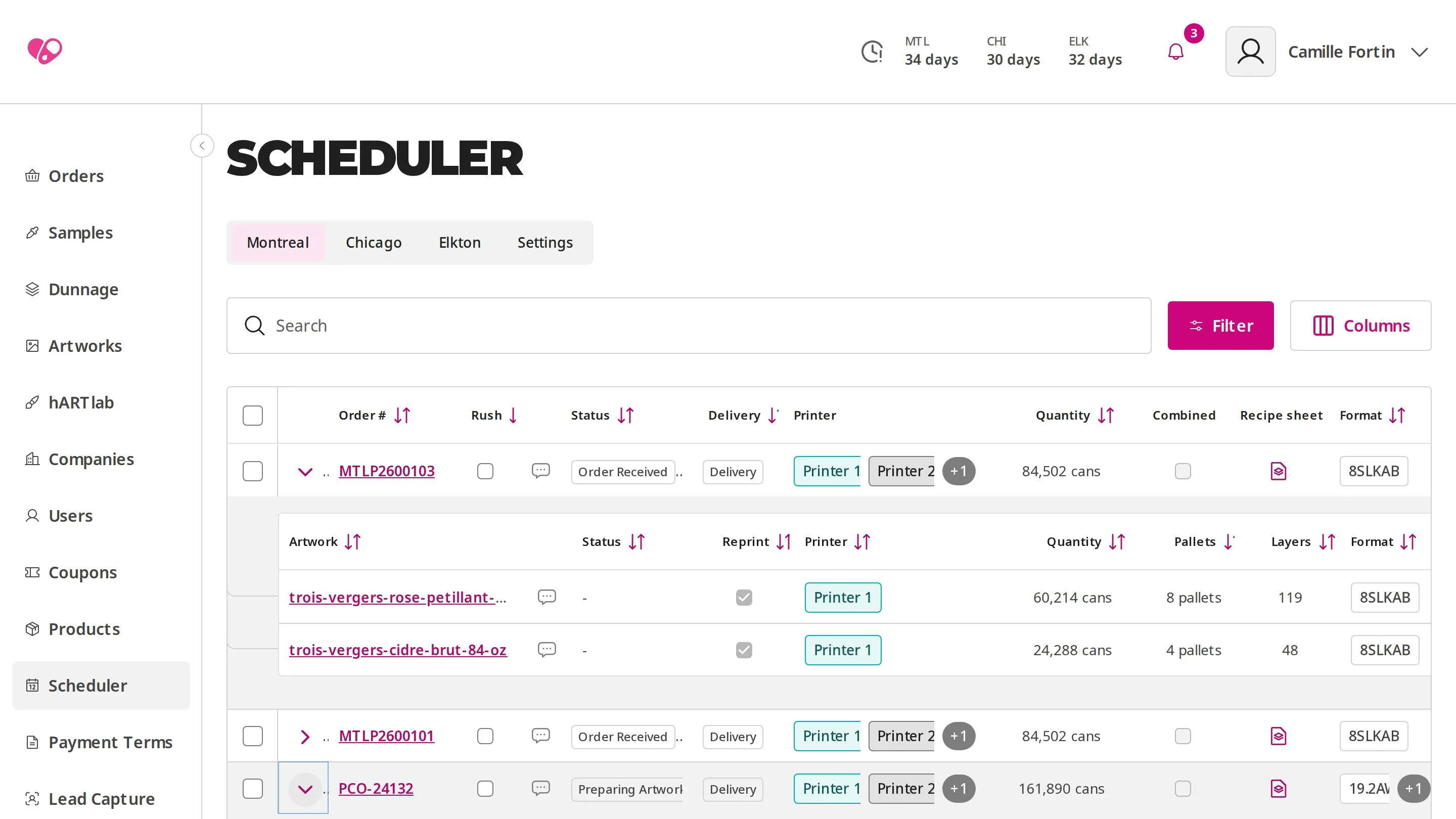 Planning de production HartPrint, par site et par imprimante