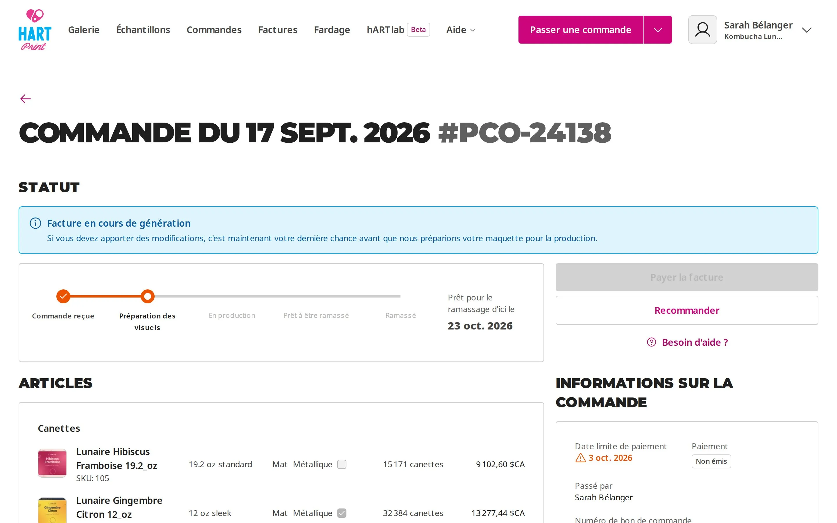 Suivi d'une commande dans le portail client HartPrint