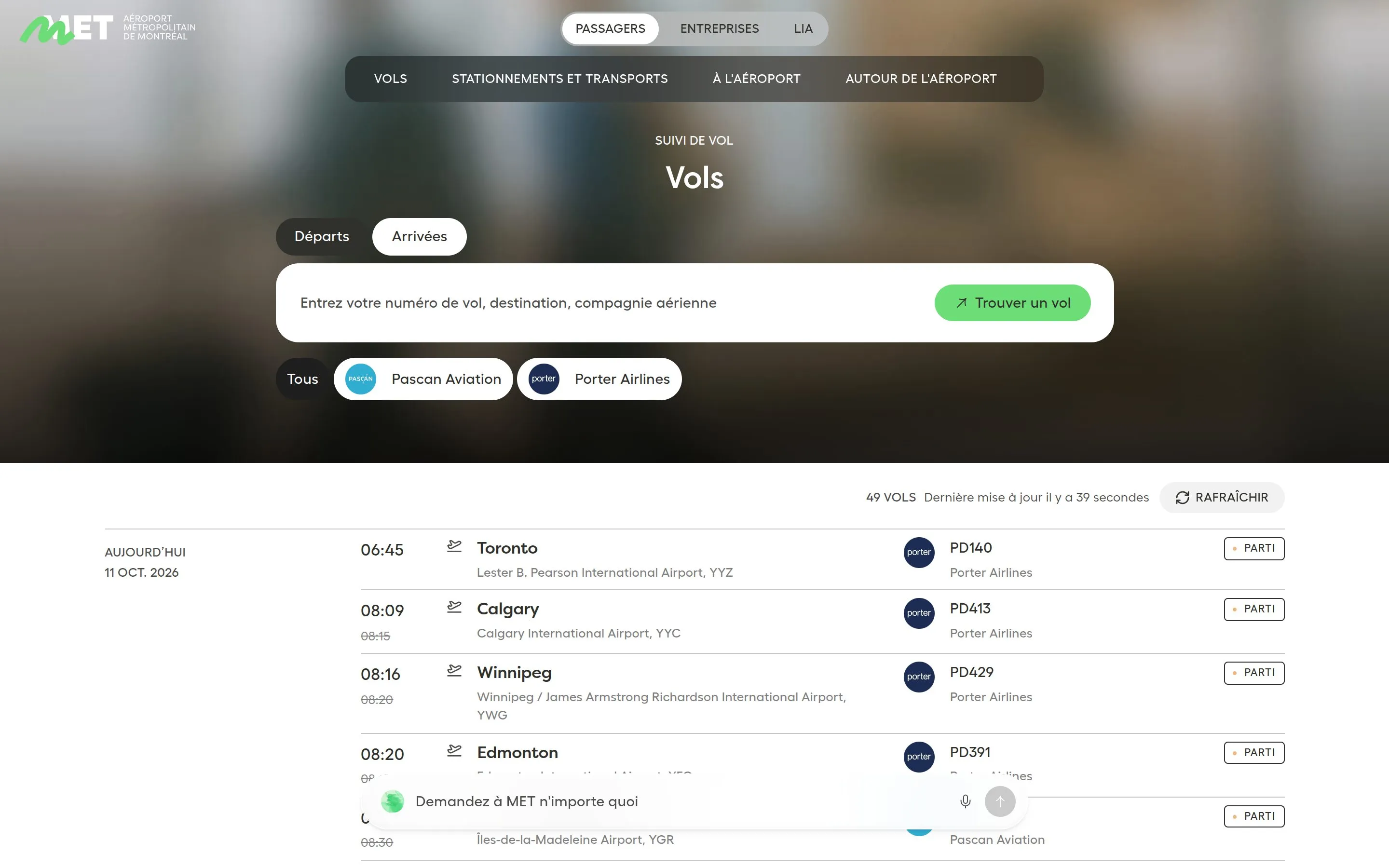 Horaires des vols en temps réel sur le site de l'aéroport MET