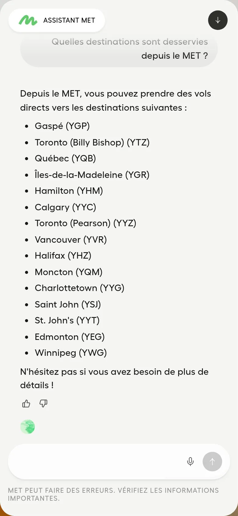 L'assistant MET sur téléphone, qui liste les destinations desservies