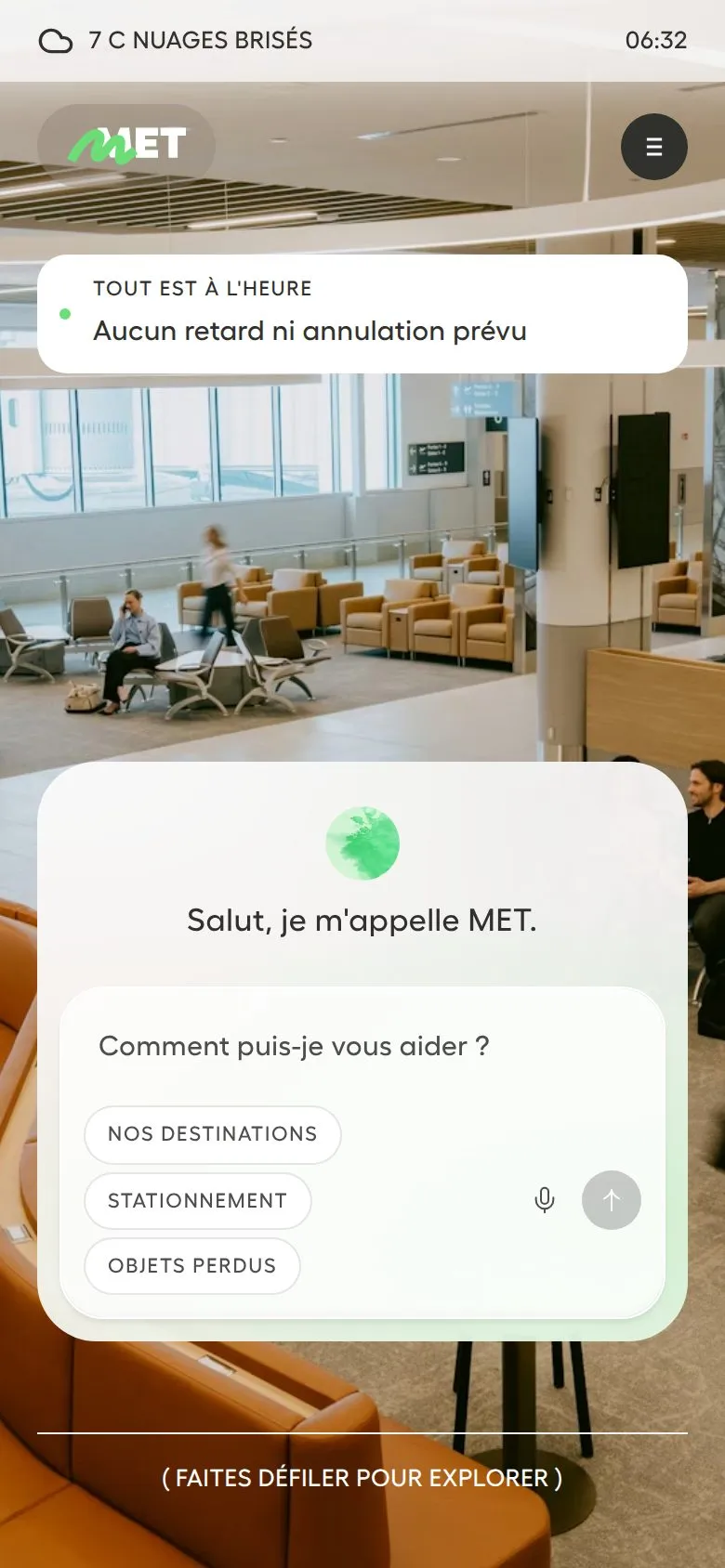 Accueil du site MET sur téléphone, avec l'assistant